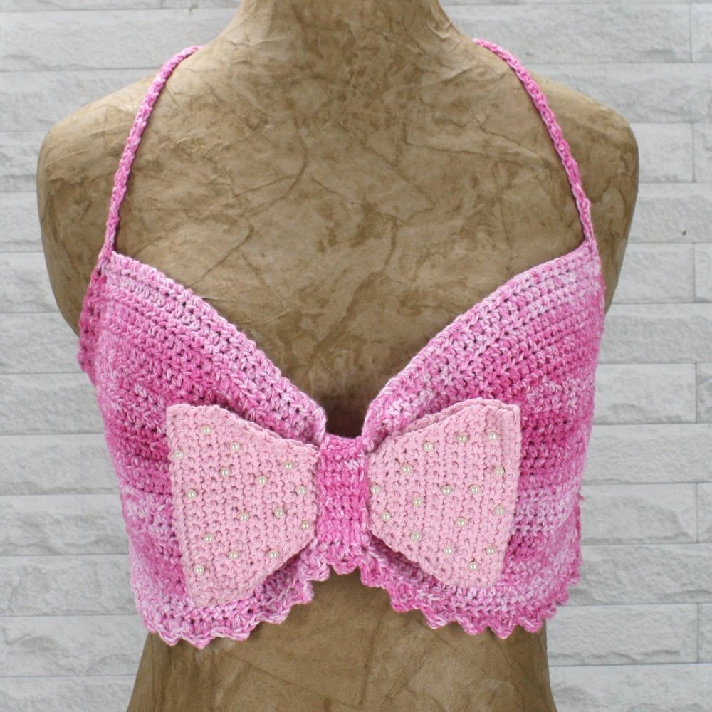 HAND CRAFTED Crop Top Crochet Halter Bikini Pearl Bralette Bow Pink Festival